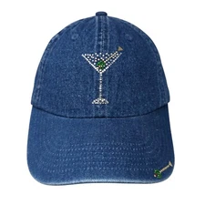 Vintage Simply Hot Strapback Hat Blue OSFA Rhinestone Jewel Cocktail Glass USA