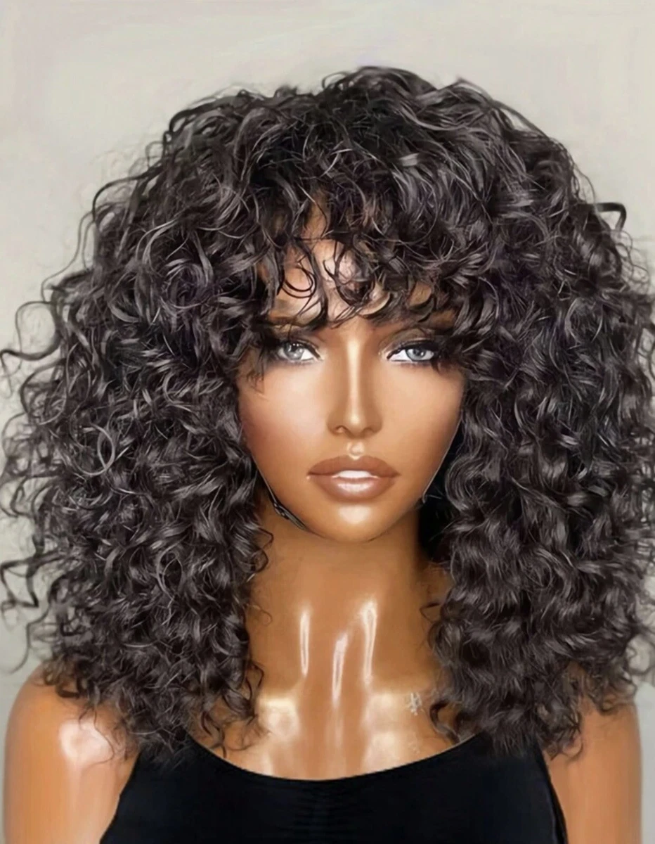 Perruque Afro Noir Naturelle 100% Cheveux Humains A Frange Bouclée Wig 35cm