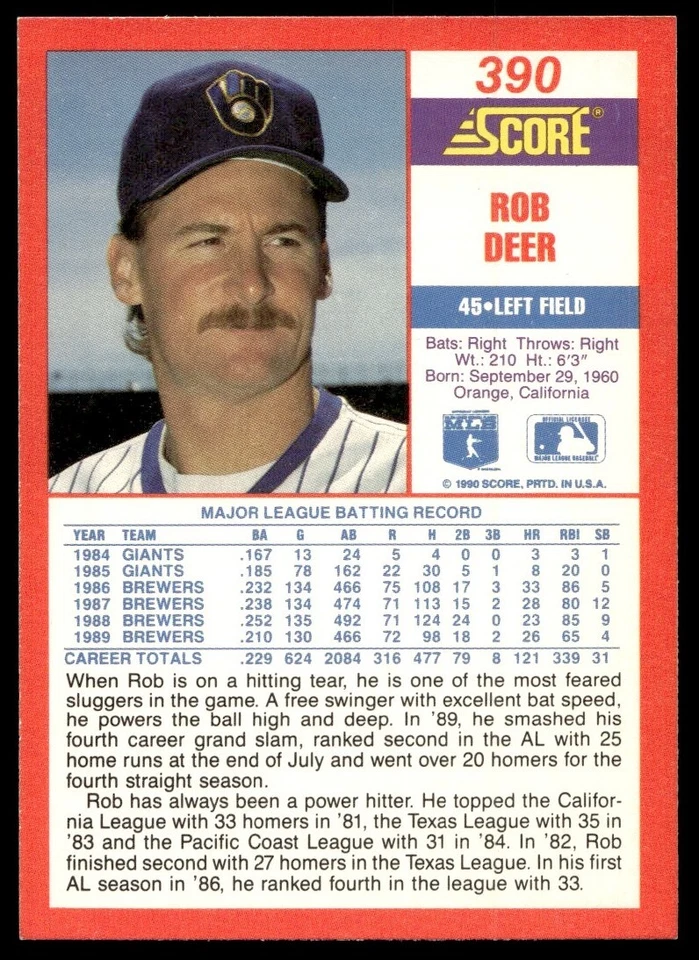 1990 Score Rob Deer Milwaukee Brewers #390 - Image 2 of 2