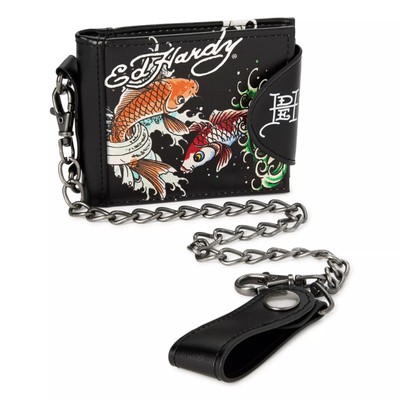 Ed Hardy Men's Fish Print Snap Closure Bifold Black Wallet With Removable Chain