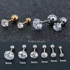 2Pcs Surgical Steel Round Cubic Zirconia Earrings Screw Back Ear Studs Men Women