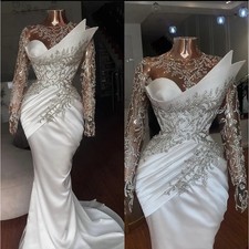 High Neck LongSleeve White Satin Mermaid Evening Dress Silver Crystal BeadedGown
