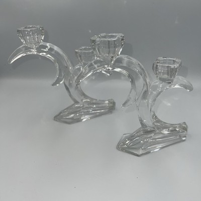 Vintage Bleikristall Crystal Double Candle Holders Art Deco German Lead Set Of 2