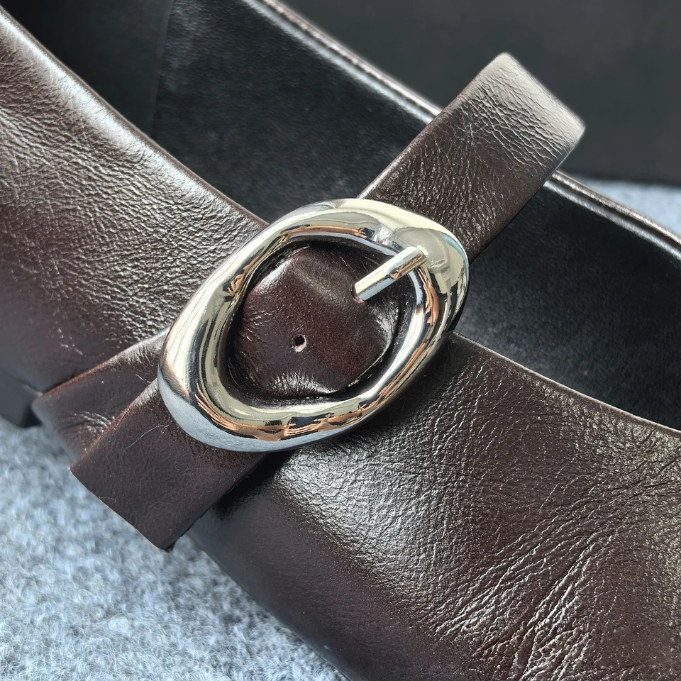 Massimo Dutti Women's Leather Loafers Buckle Strap Flat Shoes Brown Silver - Image 3 of 4