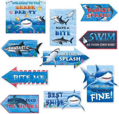 Shark Birthday Party Decorations - 10Pcs Blue Shark Sign Party Decoration for Bo
