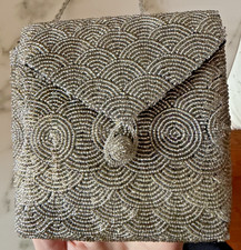 Vintage Art Deco Silver Hand Beaded Purse Scalloped Print