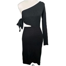Flynn Skye Black One Shoulder Cutout Ribbed Long Sleeve Midi Dress Medium
