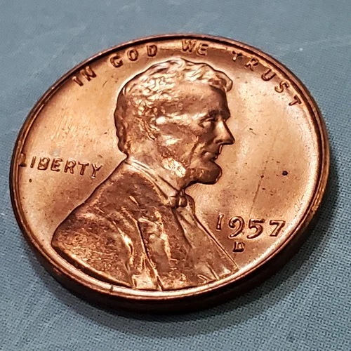 1957 1C RD Lincoln Cent, Wheat Penny, Common Rim Error, Filled In B