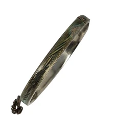 Vintage Silver Tone Etched Hinged Bangle Bracelet Safety Chain 2 1/4”