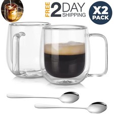 Double Walled Borosilicate Glass Coffee Mugs 12 Oz Set Of 2 With Handle  Spoons