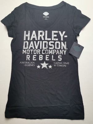 Harley-Davidson Damen T-Shirt UK M Baumwolle Rebels V-Ausschnitt schwarz (neu mit Etikett) Made in USA