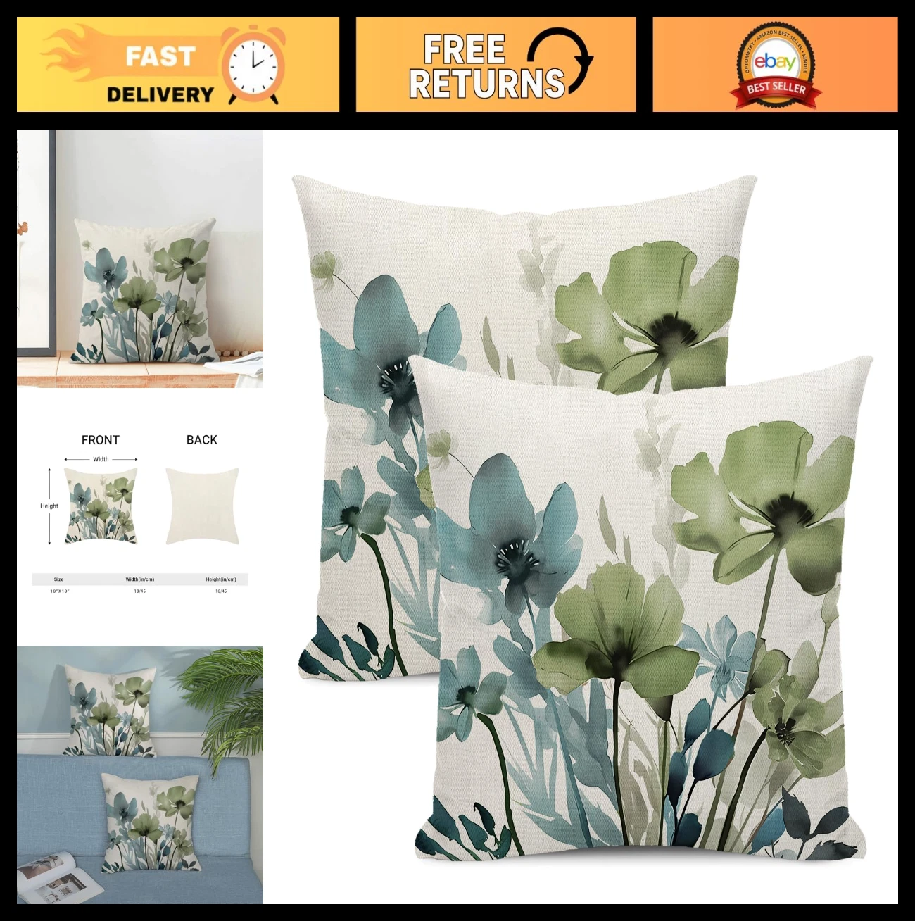 Floral Throw Pillow Covers 18x18 Set of 2 Sage Green Blue Rustic Summer Decor