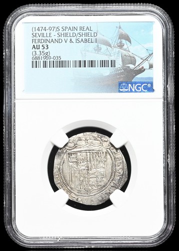 COLONIAL ERA SPAIN. Ferdinand and Isabella, 1474-1504 Silver Real, NGC AU53 - Picture 3 of 4