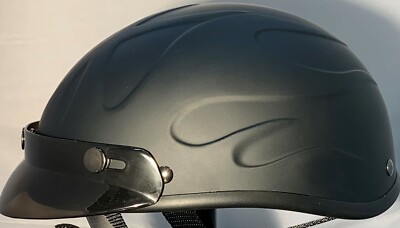 VOSS FLAT BLACK FLAME BEANIE WITH VISOR NOVELTY MOTORCYCLE HELMET LIGHT WEIGHT