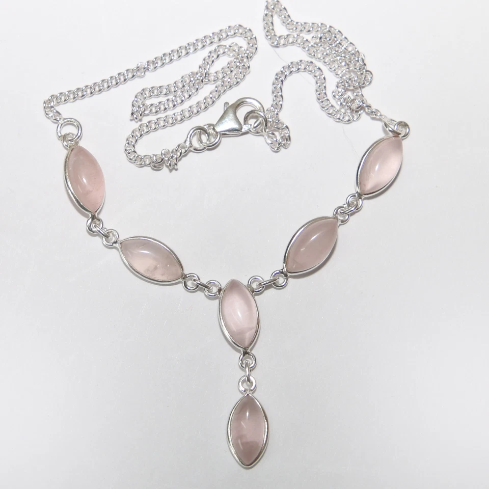 Quarzo Rosa Argento Collana 925 Collier 40cm Catena 6 Cabochon Pietre Preziose - Immagine 2 di 4