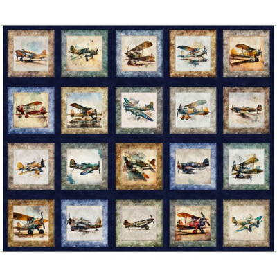 Airplane Fabric 36'' Panel Vintage Aircraft Blue Flying High QT Cotton Dan Morris
