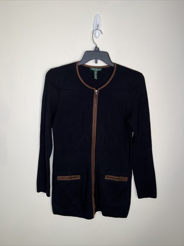 Ralph Lauren Cardigan Pullover Damen M schwarz Full Zip Long Line brauner Besatz