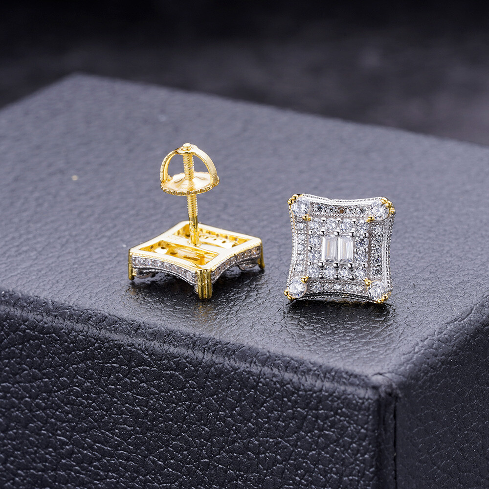 Square Kite Earrings Iced CZ Hip Hop Mens Ladies Real 14k Rose Gold Plated