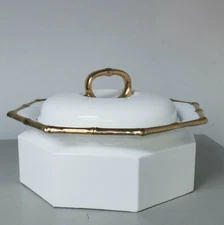 MCM~*Georges Briard~BAMBOUS d'Or~COVERED CASSEROLE~OCATAGON WHITE and GOLD
