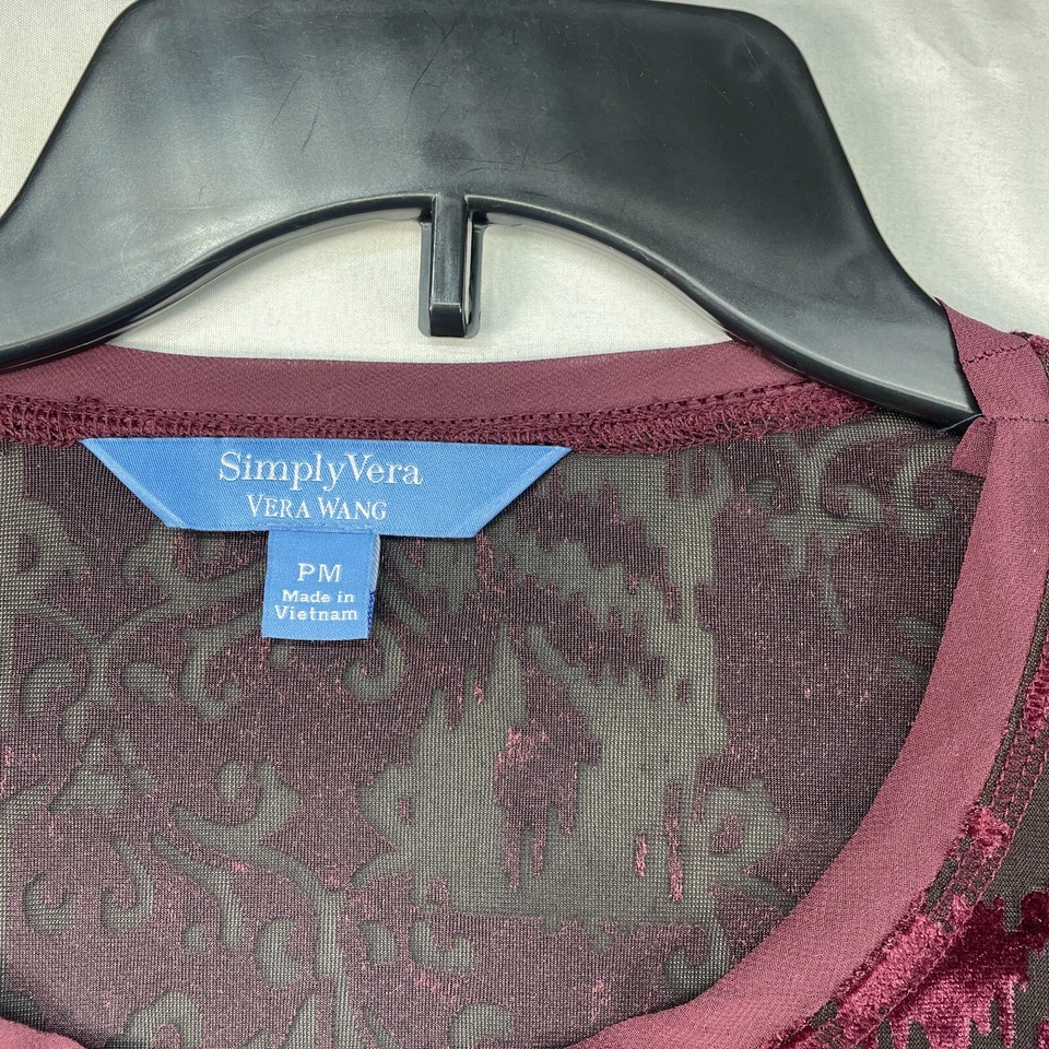 Simply Vera Vera Wang Blouse Womens Size Medium Petite PM Burgundy Long Sleeve - Image 3 of 4