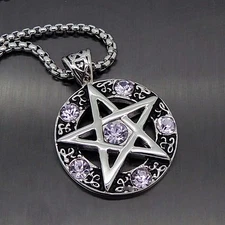 Celtic Wicca Pentacle Pentagram Star Purple CZ Stones Stainless Steel Pendant
