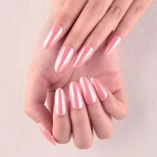 Hot Pink Glazed Press on Nails Medium Almond, Pink Glazed Metallic Nail Press...