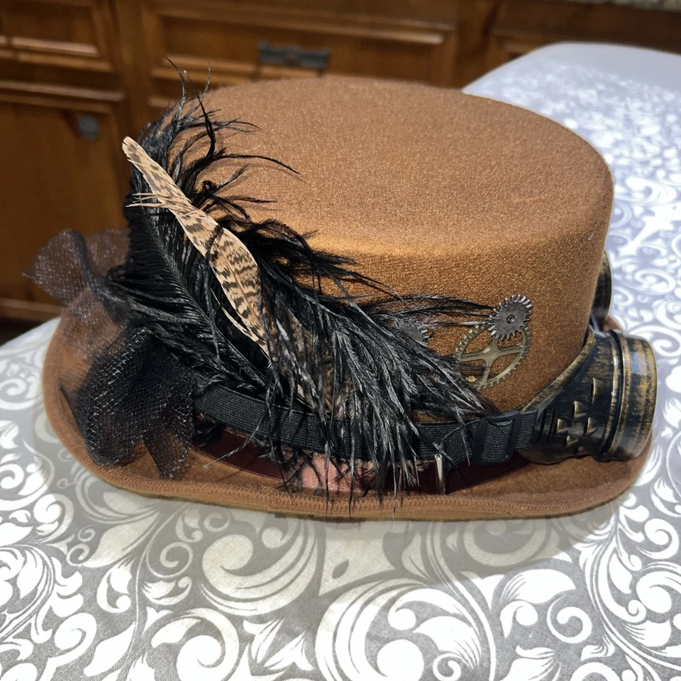 Disfraz Steampunk | Sombrero Steampunk Marrón Gafas Marrón Hoja Dorada Foto 4 de 4