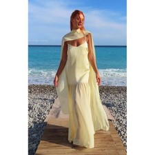 Yellow Satin and Chiffon Maxi Dress with Matching Scarf Shawl Drop Waist V-Neck