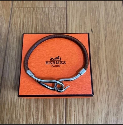 Bracelet HERMES Jumbo cuir marron ton argent boîte 18 cm vintage YK057 - Photo 1/3