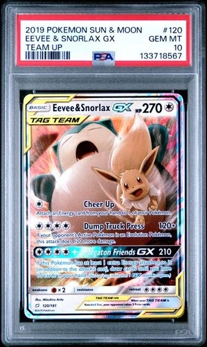PSA 10 GEM MINT Eevee & Snorlax GX Team Up Full Art Holo 2019 Pokemon 120/181
