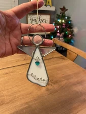 White stained glass, vtg angel Christmas ornament, holding turquoise heart