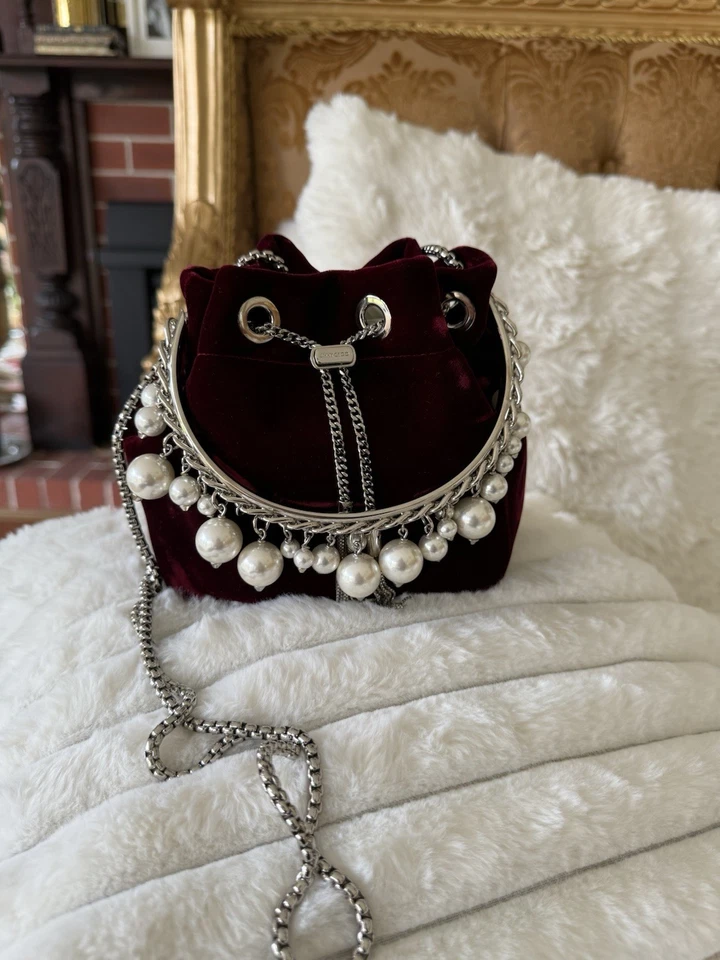 JIMMY CHOO бархата ведро сумка бисером цепочка ремень шнурка Bon Bon жемчуг красный - Изображение 2 из 4