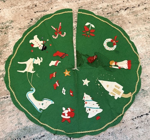 Vintage Christmas Green Felt Handmade Tree Skirt 35” Santa Sleigh Snowman Etc.