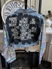 NWT WREN  GLORY women's cropped sequin sleeve hand painted denim jacket - S