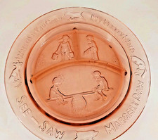 Child  s Plate Nursery Rhyme Depression PINK Glass See-Saw Margery Daw 8"