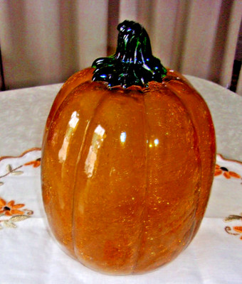 Blown Glass Pumpkin Golden Crackle Affect Dark Green Stem Large Heavy Decoration