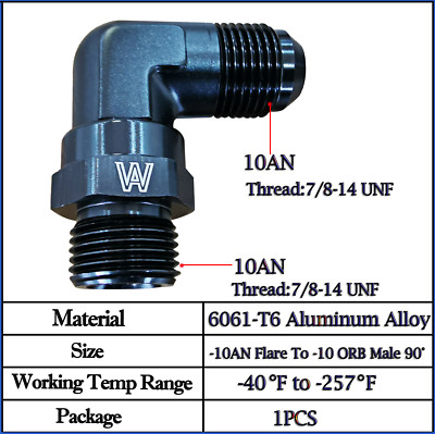 Black 10AN Flare to -10AN ORB Male Swivel Adapter Fitting 90 Degree Aluminum