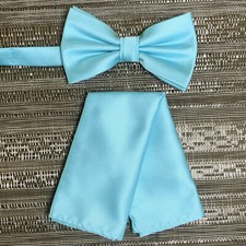 Solid New Men Butterfly Style Pre-tied Bowtie  Pocket Square Hanky Baby Blue