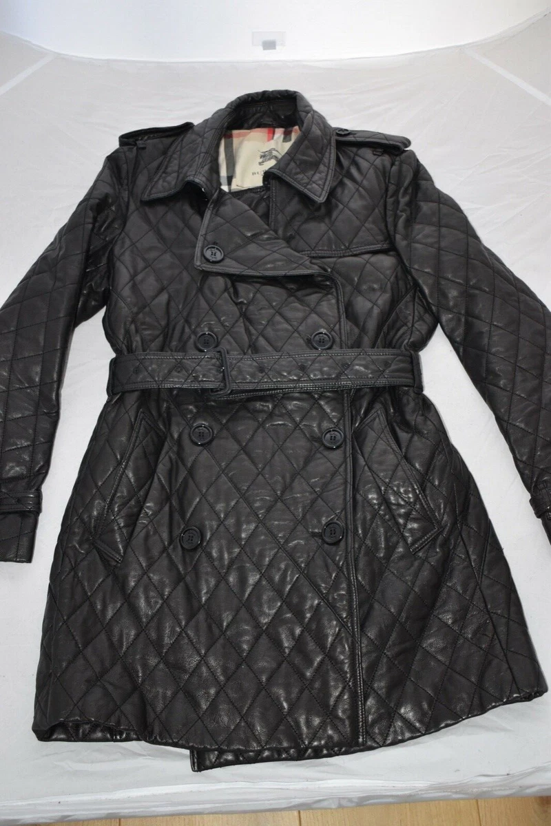 Burberry Black Quilted Leather Button Belted Biker Jacket Trench Coat UK12 US10