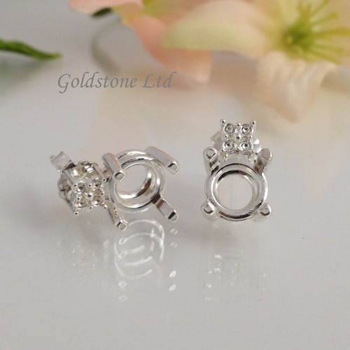 Two Sterling Silver Round 4-Prong Accented Earring Mounting (4-8mm) - Picture 6 of 8