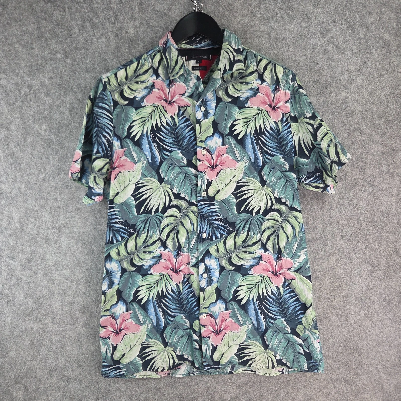Tommy Hilfiger Shirt Mens Medium Green Button Up Short Sleeve Linen Blend