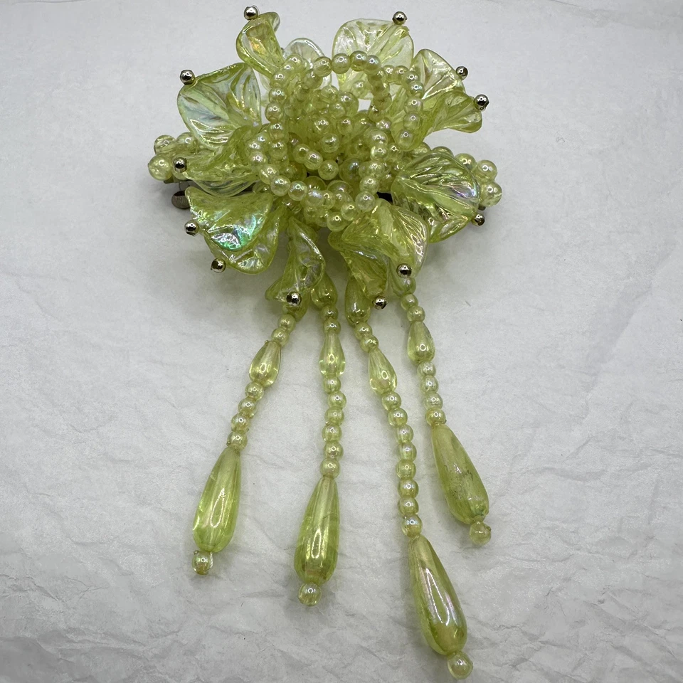 Vtg 80s Hair Clip Beaded Faux Pearl Dangle Green Luster Flower Barrette Wedding - Image 2 of 4