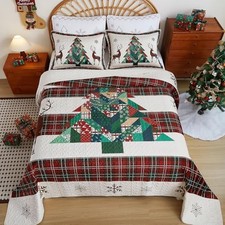 Christmas Velvet Quilt Queen Size Ultra Soft Velvet Queen  92"x96"  Red Beige