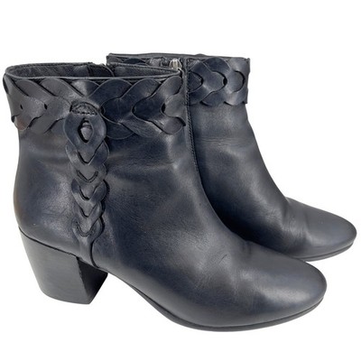 Geox Womens Ankle Boot Black Leather Braided Trim Block Heel EU 40 US 9 | 9.5