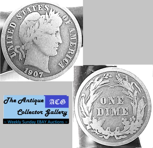 Antique 1907⌛US Philadelphia Mint Silver Barber Dime🪙Part Liberty🪙