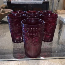 Set Of 7 Pioneer Woman Adeline Embossed Red  Cranberry Glass Tumblers 16 oz