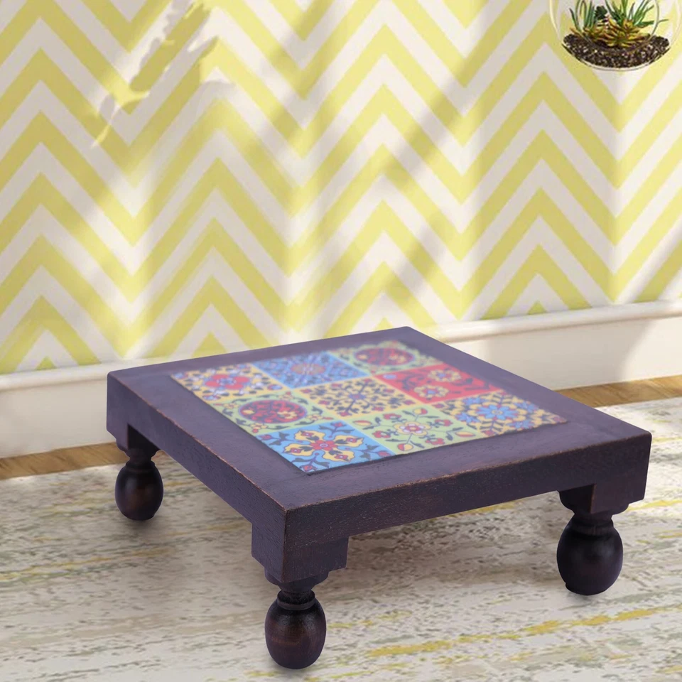 Wooden Chowki, Tiles Fitted Bajot, Pooja Chowki, Baby Sitter Stool, Home Decor - Image 4 of 4
