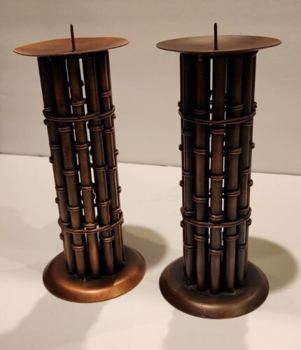 Vtg Pair Of Pillar Candle Holders Bronze Tone Metal Bamboo - Picture 1 of 3