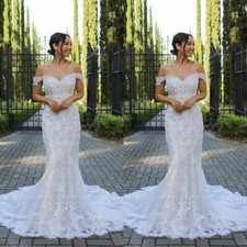 Boho Mermaid Wedding Dresses Off Shoulder Court Train Lace Applique Bridal Gowns