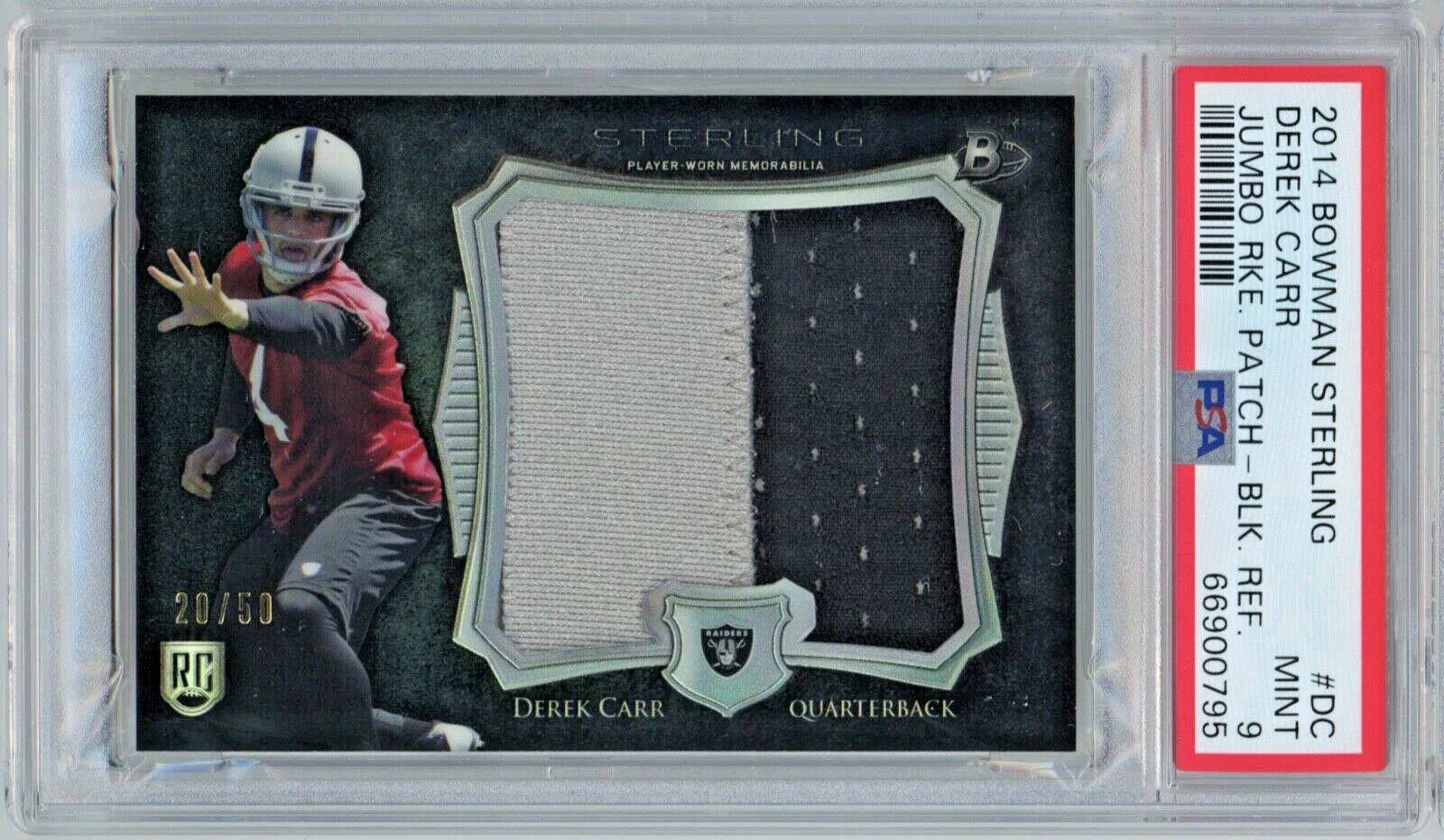 Derek Carr Bowman Sterling Jumbo Rookie Patch #DC Black Refractor
